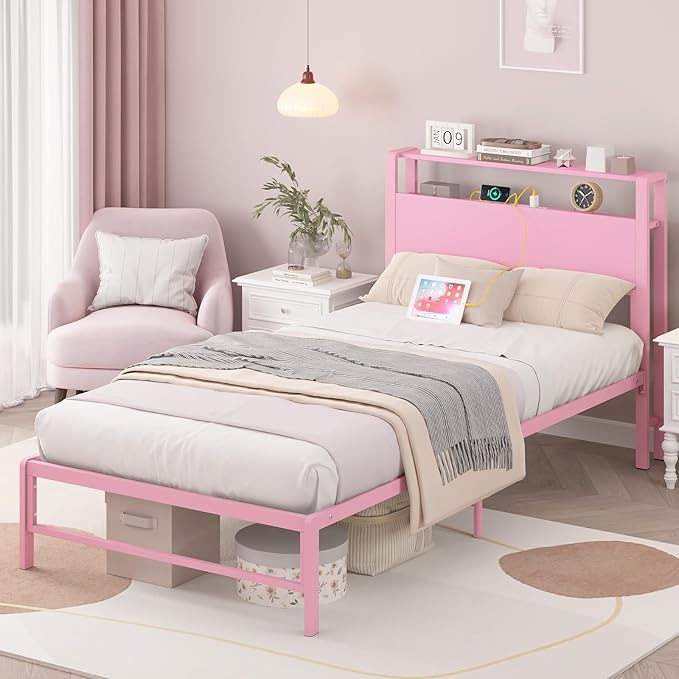 Twin Bed Frames with Charging Station, 2 Tiers Storage Headboard Twin Sized Bed No Box Spring Needed Heavy Duty Metal Platform for Girls, Pink