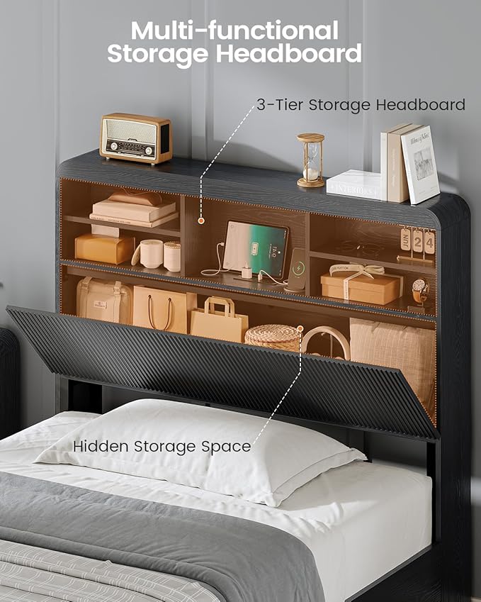 AOGLLATI Twin Bed Frames with 4 Storage Drawers and Hidden Storage Headboard, Black Led Fluted Twin Bed with Charging Station and Curved Profile Design, Noiseless,No Box Spring Needed, Black