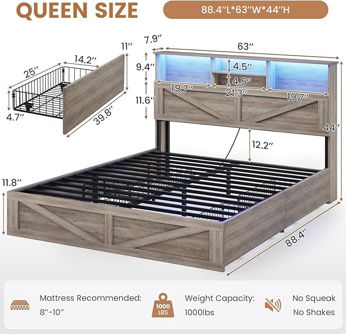 VIAGDO Farmhouse Bed Frame Queen Size with Bookcase Storage Headboard, Charging Station and LED Lights, Wooden Queen Bed Frame with 4 Drawers, Barn Door Design, No Box Spring Needed, No Noise, Grey