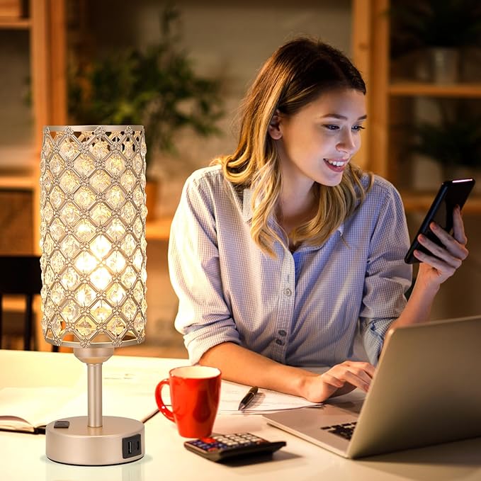 Touch Table Lamps for Bedrooms Set of 2-3 Way Dimmable Champagne Gold Crystal Lamps with Crystal Shade, Bedside Nightstand Lamp for Living Room Bedroom Home Office