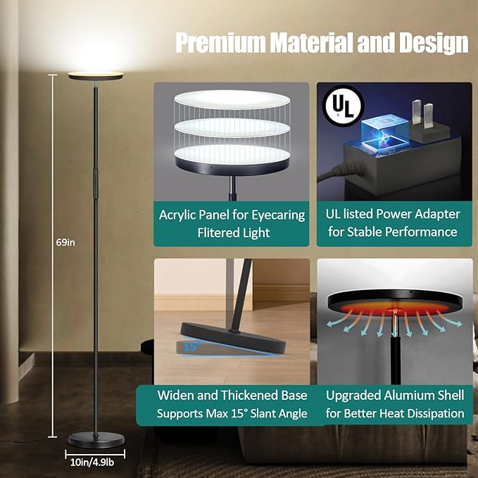 Floor Lamp, Upgraded 40W 4000LM Super Bright Torchiere LED Floor Lamps for Living Room, Stepless Dimmable Color Temperature 2700K-6500K with Remote & Touch Control, Standing Light for Bedroom Office