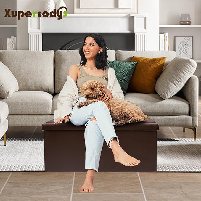 xupersodys 30 Inches Folding Storage Ottoman Bench, Faux Leather Footstool Ottoman, Storage Trunk Footrest for Bedroom, Living Room and Hallway, Support 350lbs, Brown(Brown line)