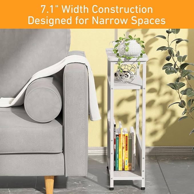 THUMEYE 7.1" Narrow Side Table for Small Spaces, 3 Tier Small End Table with Magazine Holder, Slim/Skinny Nightstand/Bedside Table for Living Room, Bedroom, 15.4" L x 24.2" H, White