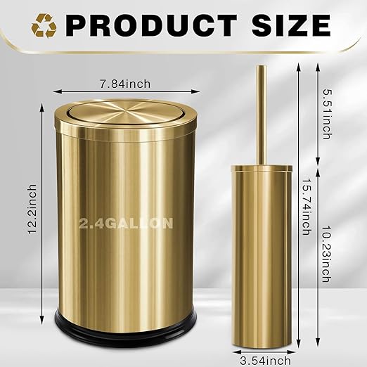 Maxdot 2 Pcs Gold Bathroom Trash Can with Flipping Lid 2.4 Gallon/9.1 L and Toilet Brush Set, Small Stainless Steel Garbage Trash Can Toilet Cleaner Brush Wastebasket Bin for Bathroom Bedroom Office