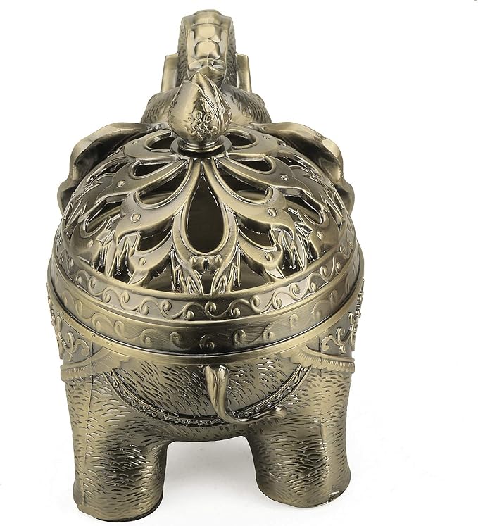 K COOL Metal Backflow Incense Holder Elephant Cone Coil Incense Burner Ash Catcher with Lid, Aromatherapy Ornament Home Office Decoration for Indoor Outdoor (Bronze)