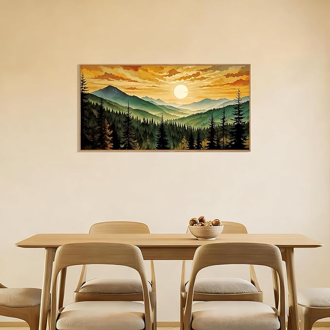 LHIUEM Large Boho Sunset Mountain Framed Canvas Wall Art,Retro Pine Tree Wall Decor,Nature Foggy Forest Wall Painting,Bohemian Landscape Artwork for Living Room,Bedroom,Dining Room,Office -20"x40"x1