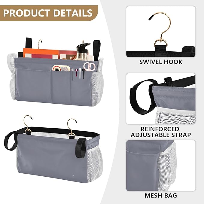 KOPIRIT Grey Bedside Caddy Storage Bag Bedside Organizer for Dorm Room Top Bunk Bed Organizer Caddy Hanging Shelf 6 Pockets with Hooks for Book Glasses Phone Holder