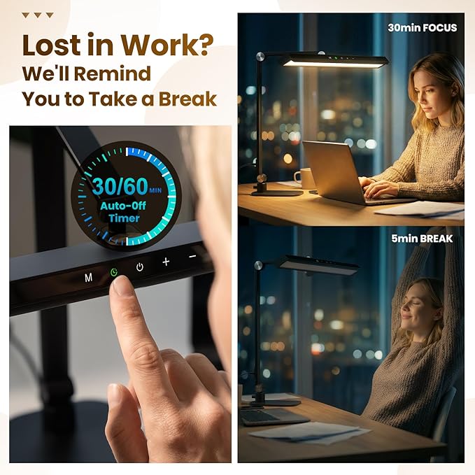 LIONVISON Desk Lamps for Home Office: 2 in 1 Eye-Caring Modern LED Desk Lamp for Worker - 5 Color Temperature 10 Brightness Computer Light - Memory & Timer Func Desk Light for Student, Seniors