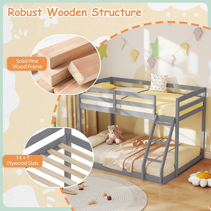 KOMFOTT Low Bunk Bed Twin Over Full, Solid Wood Twin Bed Frame with Built-in Ladder & Safety Guardrails, Space-Saving Low Bunk Bed for Kids, Teens, No Box Spring Needed