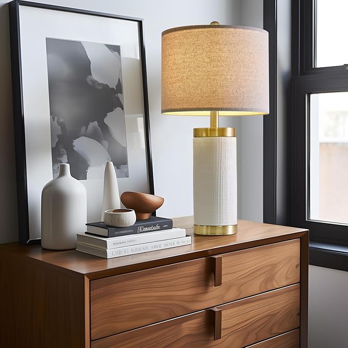 24.5" Modern Ceramic White Bedside Lamp for Bedroom Decor Farmhouse Table Lamp for Living Room Office Dorm