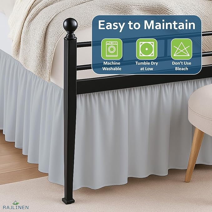 Rajlinen Ruffled Bed Skirt King, 14 Inch Drop Dust Ruffle with Split Corners, 100% Microfiber Bedskirt with Platform, Three-Sided Coverage Ruffled Gathering Design, Light Grey