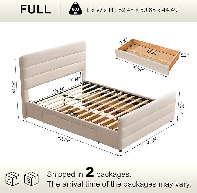 VELOCAVA Full Size Upholstered Platform Bed Frame with Storage Drawers, Tall Headboard and Footboard, Modern Fabric Bed with Slatted Support, No Box Spring Needed, Space-Saving Design for Bedroom