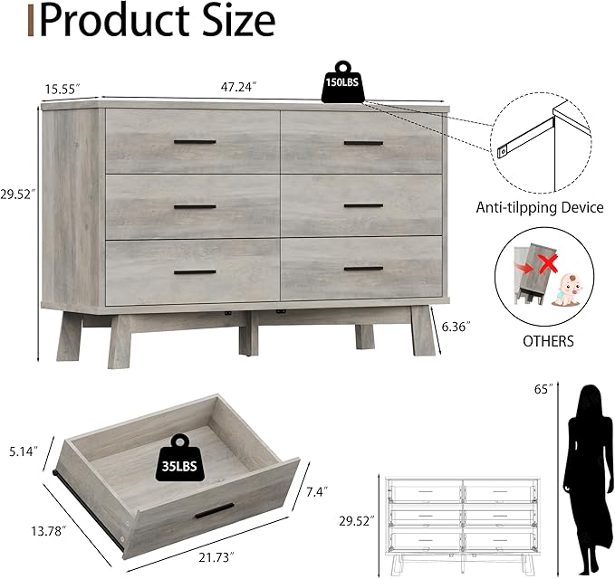 Dresser for Bedroom, 6 Drawer Wide Modern Chest of Drawers with X-Shaped Sturdy Base, Wood Double Dresser Closet Clothes Storage Organizer, Wooden TV Stand for Living Room, Hallway, Grey
