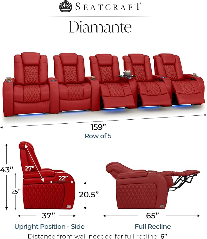 Seatcraft Diamante Zero-Gravity CoolZero Italian Leather Home Theater Seating, Power Headrest, Power Recline, Row of 5, Red