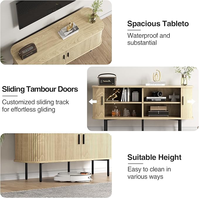 55''W Natural Storage Cabinet, Media Console, Tambour TV Stand, Television Stands with Curvy Edge; Sliding Door, Fluted Cabinet, Buffet Sideboard, Credenza, Table Stand for Living Room, Kitchen