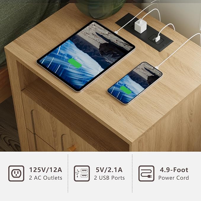 Nightstand with Charging Station, Mid Century Modern Nightstand with Arched Design, Boho End Table with Wood Grain Texture, Bedside Table for Bedroom Living Room Sofa Office, Oak