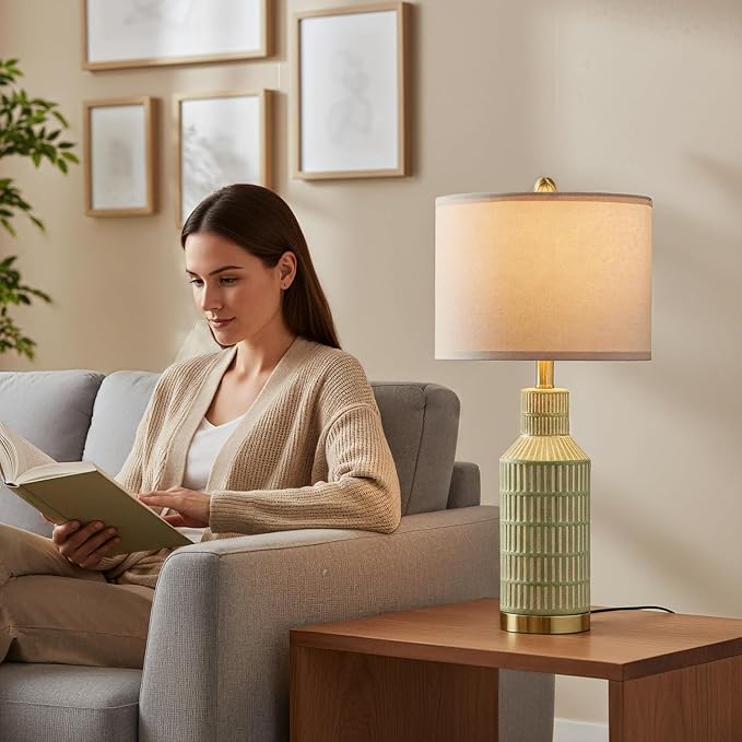 25" Green Ceramic Table Lamp - Modern Bedside Nightstand Lamp, Easy Assembly Twist Knob Switch for Bedroom Living Room Home Office Decor (Bulb Not Included)