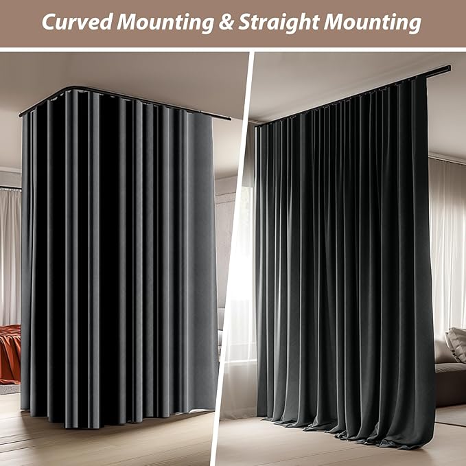 Room Divider Curtains with Ceiling Curtain Track Set Window Curtain for Bedroom,Living Room Total Blackout Thermal Insulated Privacy Ceiling Track Curtain W 15 × H 9 FT Deak-Grey drape&Black track