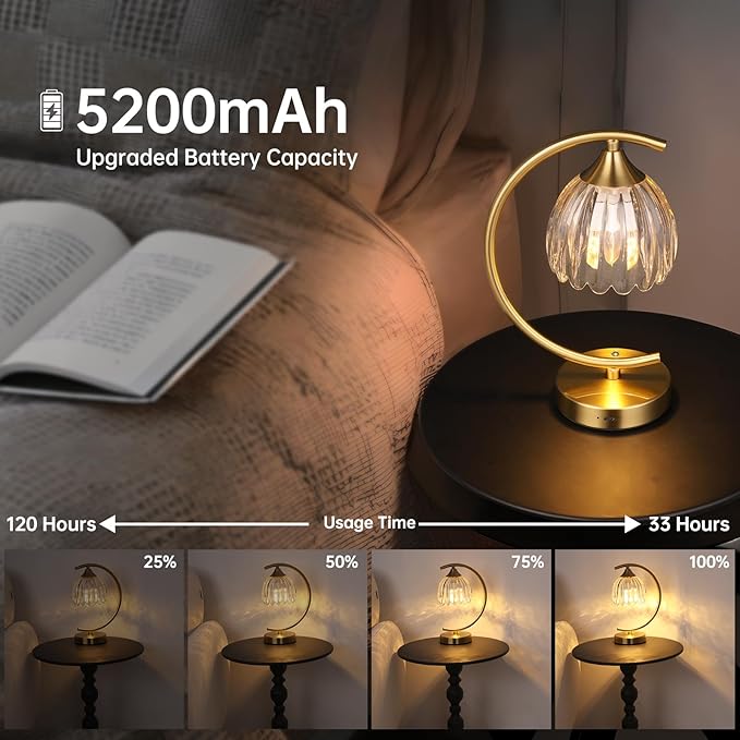 Tulip Table Lamp with 5200mAh Battery & Touch Control, Cordless Lamp with 3 Color Temperatures Clear Bulb, Rechargeable Small Table Lamps for Living Room, Bedside, Desk (Transparent Tulip)
