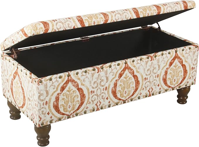 HomePop Large Storage Bench with Nailhead Trim -Orange and Cream Medallion