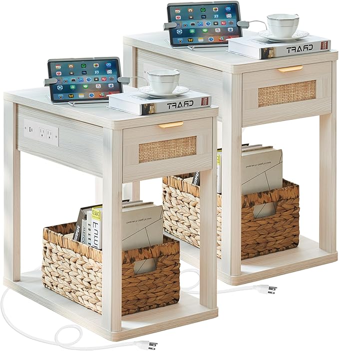 LEYAOYAO Narrow Side Table Set 2 with Charging Station,Rattan Night Stand with Drawer Storage,Natural Wood Bedside End Table with Metel Handle for Small Spaces,Boho Nightstand for Living Room Bedroom