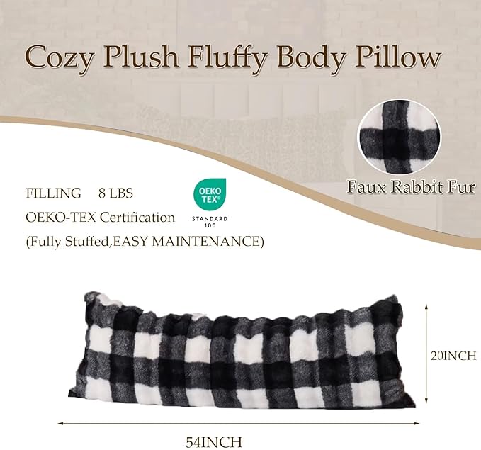 Luxury Shaggy Faux Fur Body Pillow,Fluffy Bed Pillow with Zipper Closure,Soft Decorative Plush Full Long Pillows,Fuzzy Hug Pillow for Living Room Side Sleeper & Pregnancy 20"x54" Print in Black/White