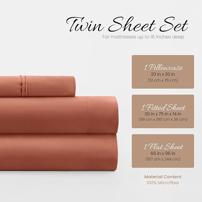 Linen Market Bed Sheets for Twin Size Bed (Clay) - Sleep Better Than Ever with These Soft and Cooling Twin Sheets - Deep Pocket Fits 16" Thick Beds - 4 Piece Twin Sheet Set