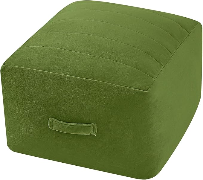 MeMoreCool Square Pouf Ottoman – Stuffed Foam Footrest for Living Room, Green Soft Velvet Texture | Portable Handle | Machine Washable Cover | Compact & Cozy Floor Seat