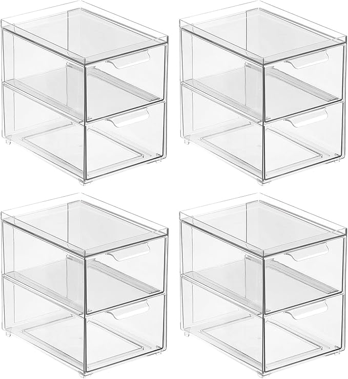 mDesign Stackable Storage Containers Box with 2 Pull-Out Drawers - Stacking Plastic Drawer Bins for Kitchen Pantry and Cupboard, Cabinet, Counter, Island and Tables - Lumiere Collection, 4 Pack, Clear