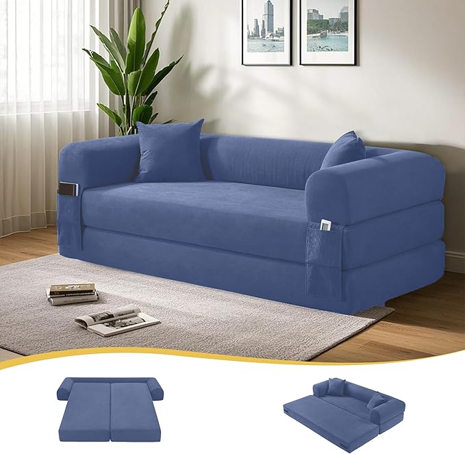 80" Convertible Sofa Bed, 3-in-1 Corduroy Folding Pull Out Couch with Pillows, No Assembly Modern Boneless Couch Compression Sofa in Box, Floor Sofa with Side Storage for Living Room,Dark Smog Blue