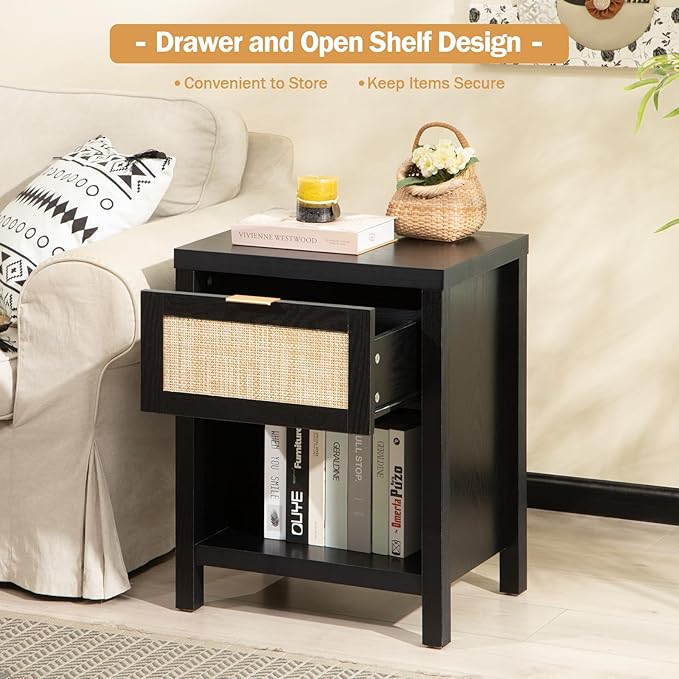 SICOTAS Rattan Night Stands Set of 2, Farmhouse Nightstand Bedside Table with Drawer and Storage Shelf, Boho End Side Table for Bedroom, Small Space, Black Oak