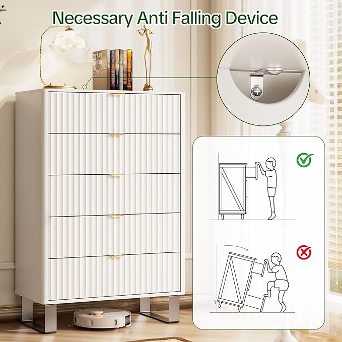 Fluted 5 Drawers Dresser, 48" H Modern Country Storage Dressers with Brushed Metal Handles, Wood Storage Organizers for Living Room, Hallway, White