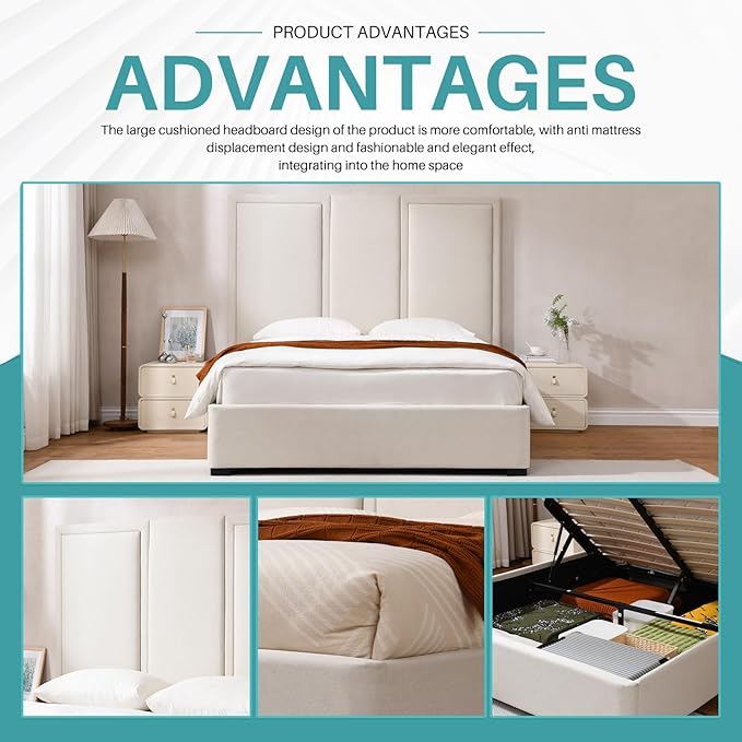 YUHUASHI Queen Size Bed Frame with 64-inch High Headboard, Simple and Airy Linen Upholstered Platform Bed with Storage Drawers, Wood Slat, No Noise (Beige, Queen(Hydraulic Lift))