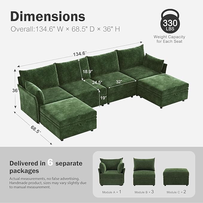 ABCASA 134.6" Oversized Modular Sectional Sofa, 6 Seater U Shaped Couch with Storage Ottoman with Reversible Chaise Deep Seat for Living Room, Apartment - Chenille Green