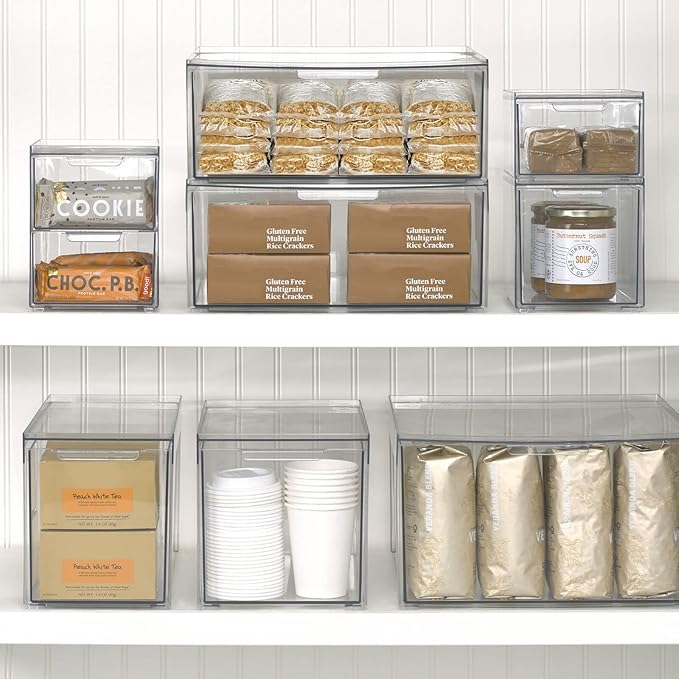 mDesign Stackable Storage Containers Box with 2 Pull-Out Drawers - Stacking Plastic Drawer Bins for Master or Guest Bathroom, Linen Closet, Vanity, or Makeup Table - Lumiere Collection - 8 Pack, Clear
