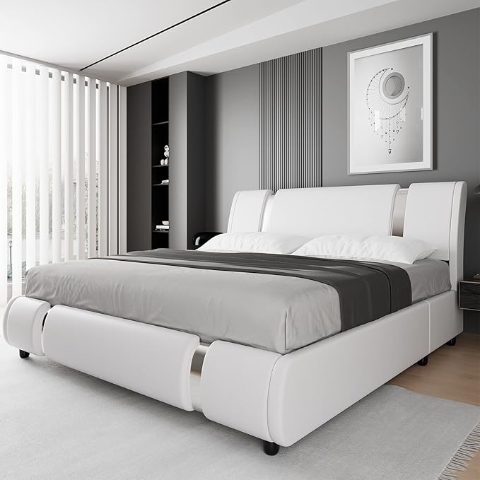 TTVIEW Modern Faux Leather Upholstered Platform Bed Frame with Iron Metal Decor, Adjustable Curved Headboard, Wooden Slats Support, No Box Spring Needed, Queen Size, White