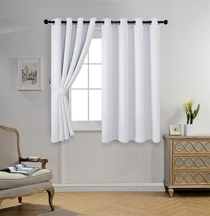 MIUCO 1 Pair Thermal Insulated Grommet 52-Inch-by-63-Inch Blackout Window Curtain Panels with 2 Tie Backs, Greyish White