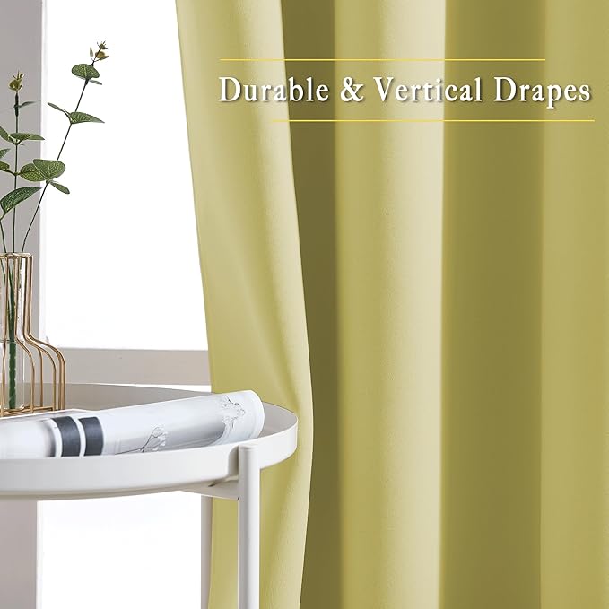 NICETOWN Bedroom Room Darkening Curtains and Drapes - Triple Weave Thermal Insulated Solid Grommet Room Darkening Panels for Basement(1 Pair, 52 inches by 45 Inch, Paler Yellow)