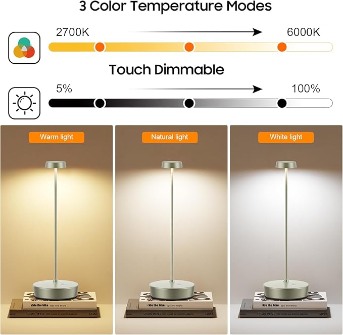 Cordless LED Table Lamp，Rechargeable Battery Desk Lamps, 3 Color Stepless Dimmable Metal Battery Table Lamps, Portable Table Light for Indoor/Outdoor/Restaurants/Bedroom/Bar