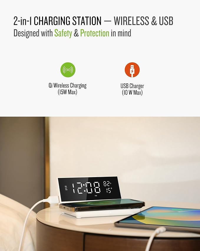 Soundfreaq Charge Rise II, SFQ-20: Digital Alarm Clock, with Dual Alarms, Fast USB Charger and Wireless Charger