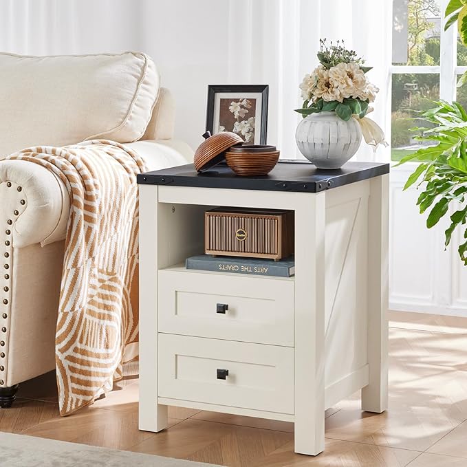 Joaxswe Night Stands with Charging Station Set of 2, Farmhouse Nightstand, White Wooden Bedside End Tables with 2 Drawers and Open Shelf, Bed Side Table for Bedroom, Living Room, Closet, Office