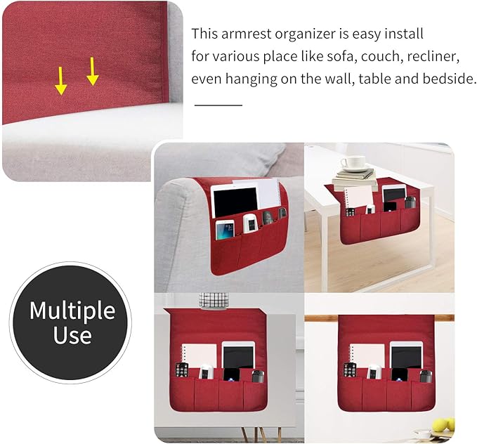 Sofa Armrest Organizer, Remote Control Holder for Recliner Couch, Arm Chair Caddy with 6 Pockets for Magazine, Tablet, Phone, iPad