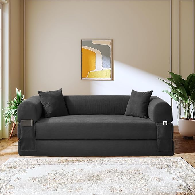 Convertible Sofa Bed,80" Folding Sleeper Sofa Bed Queen with Pillows & Storage,Corduroy Pull Out Couch Boneless Couches for Living Room,Compressed Couch in a Box,Deep Gray