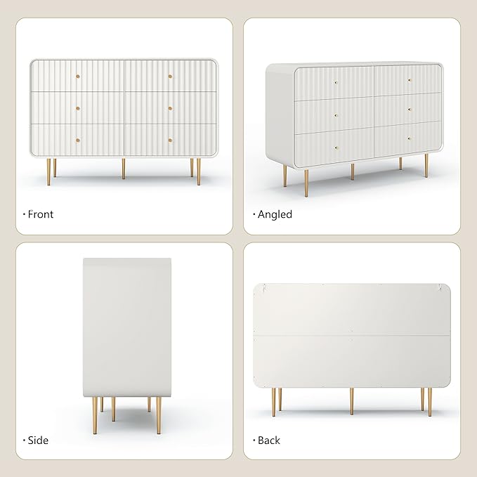 HLR Fluted 6 Drawers Dresser, 48'' Wide Modern Chest of Drawers with Gold Metal Handles,Dresser TV Stand, Wood Dressers & Chest of Drawers for Bedroom, Living Room, Hallway (White)