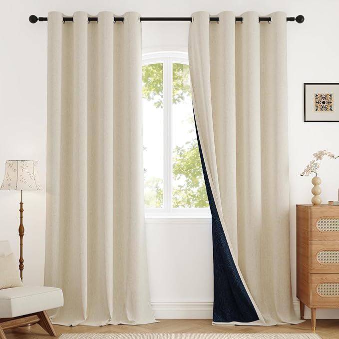 Blackout Curtains 96 inch Length 2 Panels for Living Room, Linen-Look Textured Room Darkening Thermal Insulated Noise Reduction Farmhouse Drapes for Bedroom (W52xL96, Cream)
