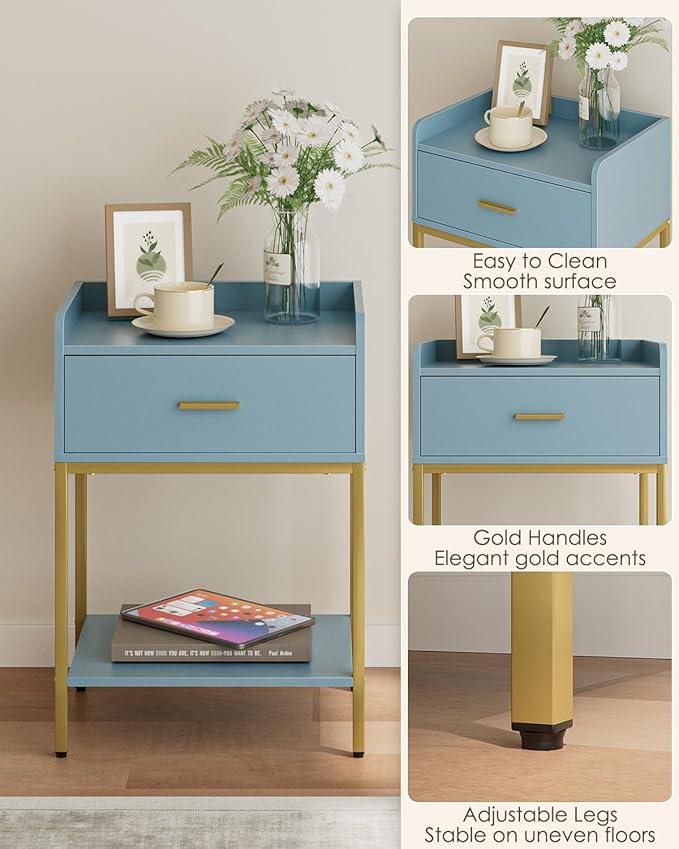 Masupu Nightstand,Bedside Table 3-Tier Modern Night Stand with Storage Drawer and Shelf,Small End Side Table for Bedroom,Living Room,Black (Without Outlet, Blue)