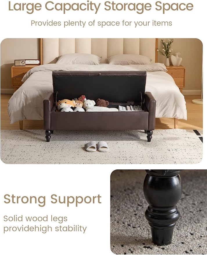 47" Storage Ottoman Bench, Faux Leather Upholstered Ottoman with Storage, End of Bed Bench for Bedroom, Living Room, Entryway, Window (Brown)