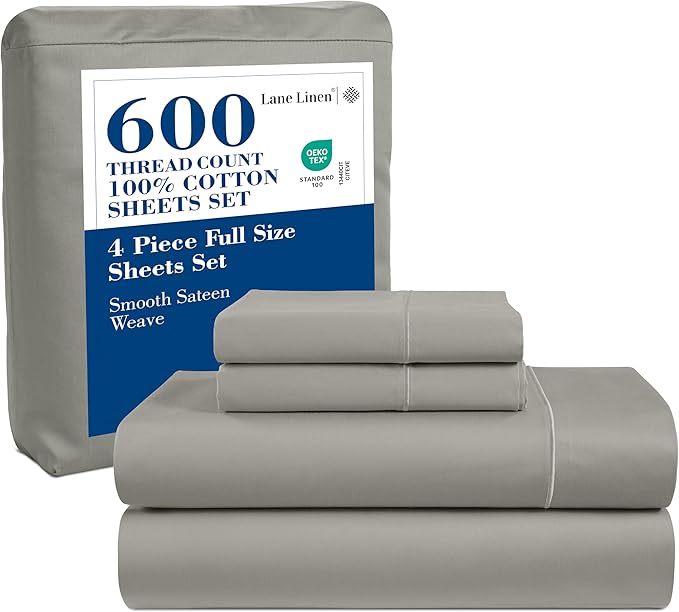 LANE LINEN 100% Cotton Sheets Full Size 600 Thread Count, Mercerized Cotton Fully Elasticized Fitted Sheet, Z Hem Top Sheet and Eurpoean Closure Pillowcases, Luxury Hotel Style Bedding Set- Silver
