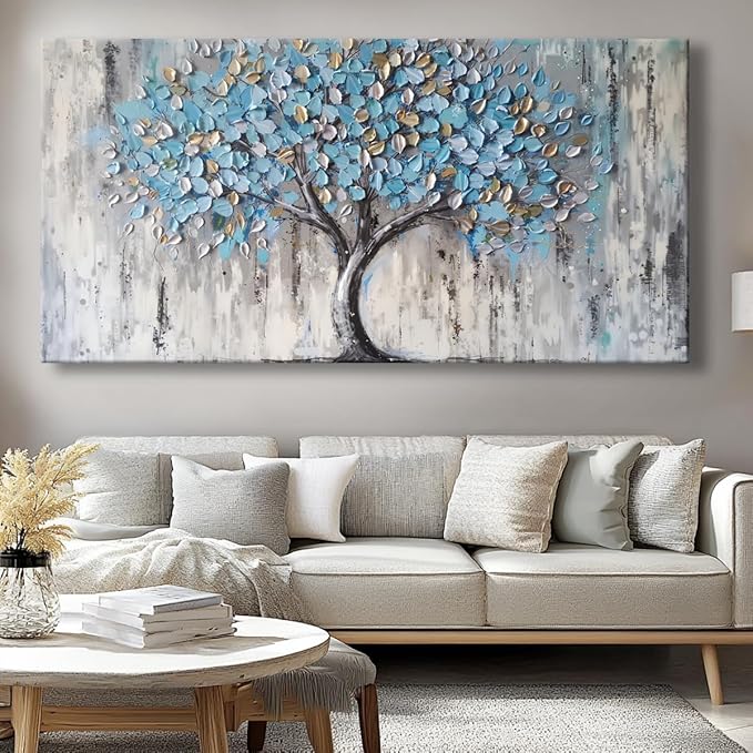 Blue Tree Canvas Wall Art - Modern Botanical Paintings for Living Room, Bedroom Wall Decor, Framed Wall Art for Home or Office Decoration, Large Wall Art 75x150cm(30x60in)