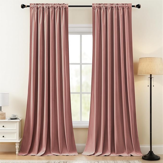 Dusty Rose Pink Velvet Curtains for Girls Bedroom Room Darkening Thermal Insulated Soundproof Curtain 102 Inches Long Cute Window Drapes for Living Room, Back Tab Rod Pocket, W52 x L102, 2 Panels